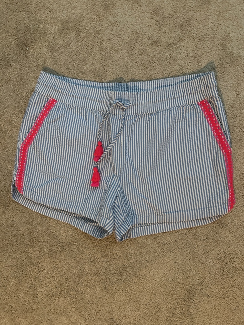 Blue Stripe Seersucker Women's Drawstring Shorts with Pink Trim
